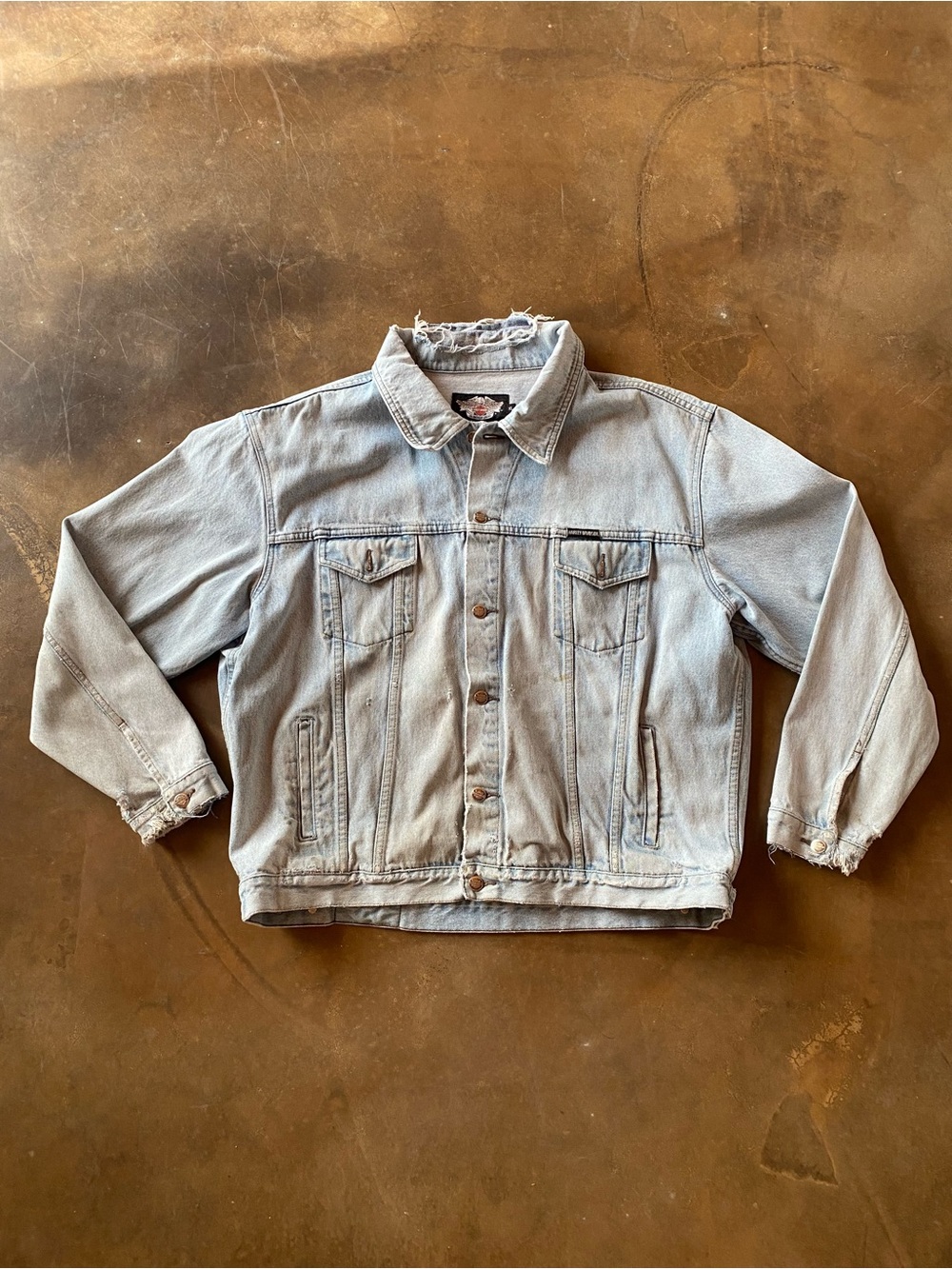 VTG 90s Harley Davidson Faded Distressed Ripped Washed Boxy Denim Jacket